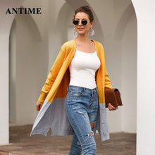 Load image into Gallery viewer, Antime Women Patchwork Cardigan Casual Long Sleeve Pocket Outerwear Loose Autumn Winter Knitted Sweater Coat