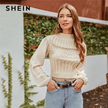Load image into Gallery viewer, SHEIN Beige Mock-neck Mixed Knit Crop Sweater Women Autumn Winter Mesh Bishop Sleeve Solid Casual Chic Sweaters

