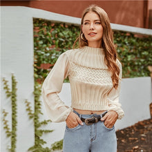 Load image into Gallery viewer, SHEIN Beige Mock-neck Mixed Knit Crop Sweater Women Autumn Winter Mesh Bishop Sleeve Solid Casual Chic Sweaters
