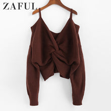 Load image into Gallery viewer, ZAFUL Twisted Cold Shoulder Jumper Sweater Women Pullovers 2019 Winter Warm Sexy Sweaters V-neck Solid Cotton Sweaters Female
