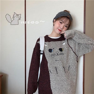 Women's Sweaters Japanese Kawaii Ulzzang Loose Casual Retro Lazy Cat Sweater Female Korean Harajuku Cute Clothing For Women