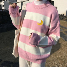 Load image into Gallery viewer, Women's Sweaters Kawaii Ulzzang College Candy Color Stripes Moon Sets Embroidery Sweater Female Harajuku Clothing For Women Lady

