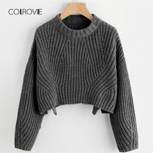 Load image into Gallery viewer, COLROVIE Split Solid Korean Elegant Crop Grey Sweater Women Tops 2018 Fashion Pullover Long Sleeve Winter Jumper Ladies Sweaters
